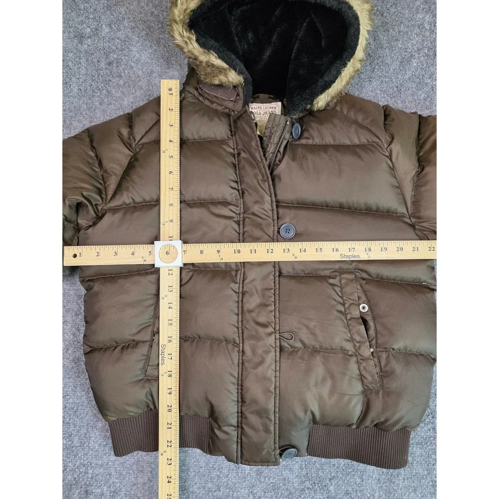 Ralph Lauren Polo Jeans Puffer Jacket Womens L Brown Down Faux Fur Hood Bomber‎